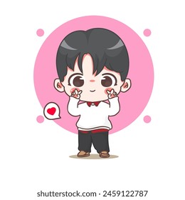 Cute boy posing peace hand wearing sweat shirt cartoon character. Korean style fashion. People expression concept design. Chibi vector illustration. Isolated white background