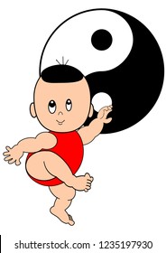 A cute boy practicing tai chi with yin-yang silhouette