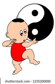 A cute boy practicing tai chi with yin-yang silhouette