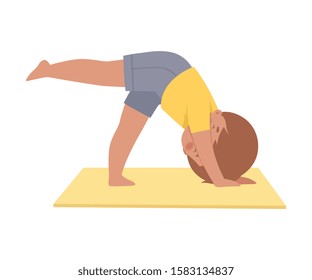 Cute Boy Practicing Yoga Exercise, Active Healthy Lifestyle Vector Illustration