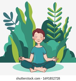 Cute Junge, der im Garten Yoga praktiziert. Kinder Yoga Vektorillustration Illustration. Sommerlandschaft Hintergrund
