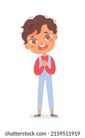 Cute boy praying with arms folded across chest with hope and love vector illustration. Cartoon pleading kid standing for prayer, child asking for help with funny expression isolated on white