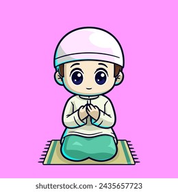 cute boy praying muslim arabian cartoon vector illustration sticker