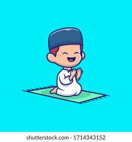 Ilustración del icono del vector de oraciones de chico lindo. Caricatura mascota de Ramadán. Icono de persona Concepto blanco aislado. Estilo de caricatura plano adecuado para la página de inicio web, banner, volante, adhesivo