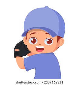 Cute boy preparing to throw baseball ball with enthusiastic face
