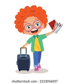 cute boy preparing to travel with his passport and suitcase