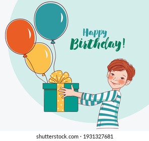 Cute boy with present. Happy Birthday vector illustration