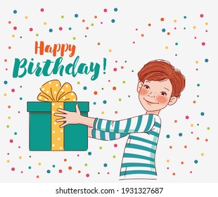 Cute boy with present. Happy Birthday vector illustration