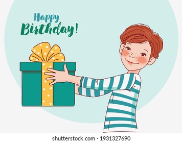 Cute boy with present. Happy Birthday vector illustration