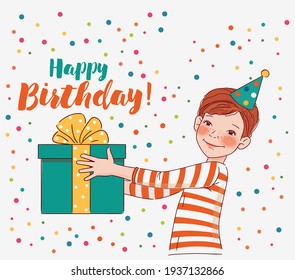 Cute boy with present. Happy Birthday vector illustration