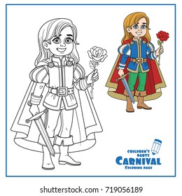 Cute boy in Prince Charming costume outlined for coloring page