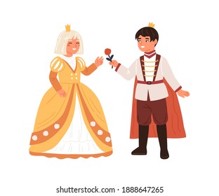 Niño lindo con traje de príncipe que da la rosa a la chica con ilustración plana vectorial de princesa. La pareja real en la fiesta de carnaval o el baile aislado. Actores sonrientes de teatro infantil