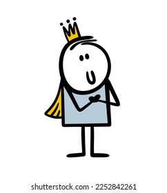 Cute boy prince with a crown dreamily looks with loving eyes while rehearsing a role at a performance. Vector doodle illustration of  young actor from the theater.