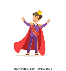 Cute Boy Prince In A Golden Crown, Purple Costume And Red Cloak, Fairytale Costume For Party Or Holiday Vector Illustration