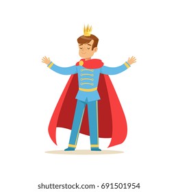 Cute boy prince in a golden crown and red cloak, fairytale costume for party or holiday vector Illustration