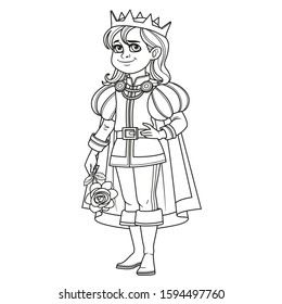 Cute boy in a prince suit with rose outlined for coloring page