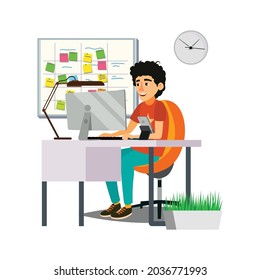 cute boy project manager planning strategy in office cartoon vector. cute boy project manager planning strategy in office character. isolated flat cartoon illustration