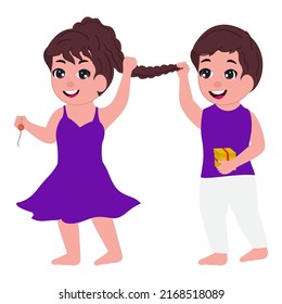 Cute Boy Pulling His Sister Braid On White Background.