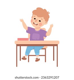 Cute Boy Pupil in Classroom at Desk Raising Hand Have Lesson Vector Illustration