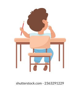 Cute Boy Pupil in Classroom Sitting at Desk Have Lesson Back View Vector Illustration