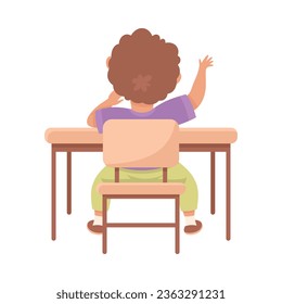 Cute Boy Pupil in Classroom Sitting at Desk Have Lesson Back View Vector Illustration