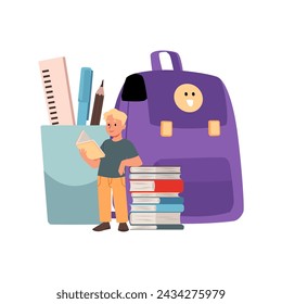 Cute boy pupil enjoying reading book huge stack of books, school supplies and backpack. Vector illustration of child education, student preparing for exams, back to school isolated on white