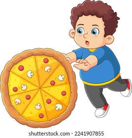 Un chico lindo empujando una gran pizza de ilustración