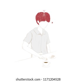 Cute boy puts sugar cube in the cup with doodle drawing style. 