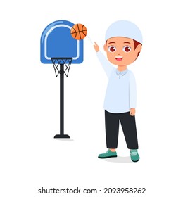 Cute boy putting basketball in basket without looking