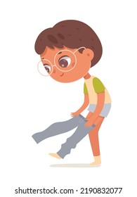 Cute boy putting on jeans vector illustration. Cartoon isolated independent kid with glasses holding jeans to put on in morning routine before school lessons, child standing with pants in hands