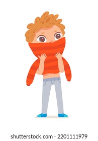 Cute boy putting on warm woolen pullover vector illustration. Cartoon isolated kid in jeans wearing casual clothes for cold season, independent little character learning to wear sweater from wardrobe