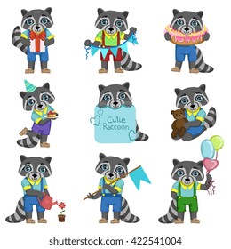 Cute Boy Raccoon Cartoon Set Of Colorful Illustrations Isolated On White Background