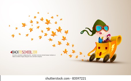 Cute Boy Racing his School Backpack Emitting Autumn Leafs| Back to School Series | Detailed vector illustration with space for text | All layers named accordingly