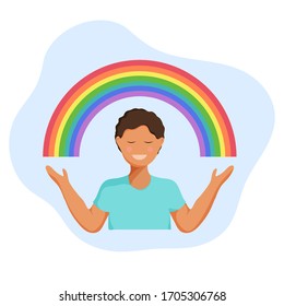 Cute boy with rainbow. Vector illustration.