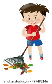 Cute boy raking dried leaves illustration