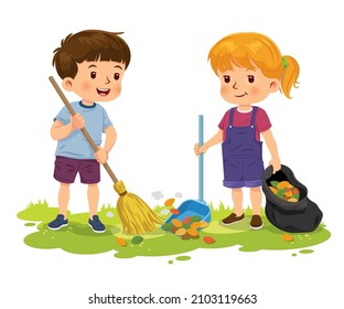 Cute boy raking the leaves. The little girl helping to scoop leaves into black trash bags. Vector illustration