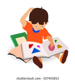 Cute Boy read. Back to School isolated cartoon character with books. Illustration for a school books and more. 