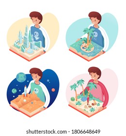 Cute boy read pop-up book educational activity vector set. Architecture, history, adventure, astrology literature. Scientific knowledge and fairy tale Kid fabulous imagination. Library for children