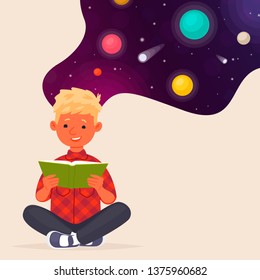 Cute boy reading a book about space and planets. Education. Vector illustration in flat style