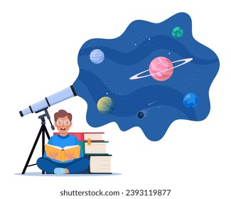 Cute boy reading book about universe, space and planets, sitting near pile of books. Astronomical telescope looks into space with planets, stars and comets. Imagination concept. Vector illustration