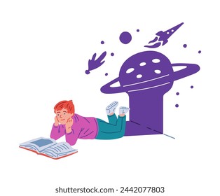 Cute boy reading a book about space and planets. Cartoon child imagines universe with spaceship. Astronomy education, inspiration and dream travel. Vector flat illustration