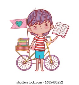 niño lindo leer libro con la bandera de los libros apilados de bicicletas diseño aislado ilustración vectorial