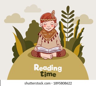 Cute Boy Reading A Book In The Garden. Nature Landscape Background. Summer Holidays Illustration. Vacation Time 