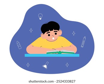 Cute boy reading book intently, back to school vector illustration.
