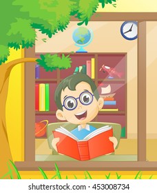 cute boy reading a book in the library