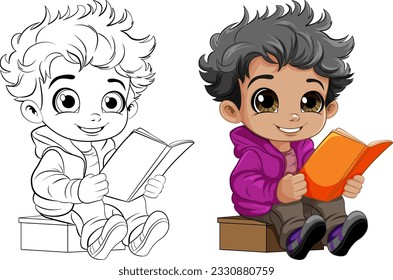 Cute Boy Reading Book Outline for Colouring illustration
