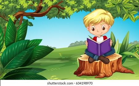 Un chico lindo leyendo un libro en la ilustración del parque
