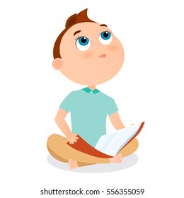 Cute boy reading a book sitting on the floor. Vector illustration eps 10. Flat cartoon style