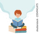 Cute boy reading a book or studying. Book lovers, readers, fans of modern literature, banner template. Education or training event concept. Vector