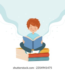 Un chico lindo leyendo un libro o estudiando. Amantes del libro, lectores, fans de la literatura moderna, plantilla de pancartas. Concepto de evento de educación o formación. Vector